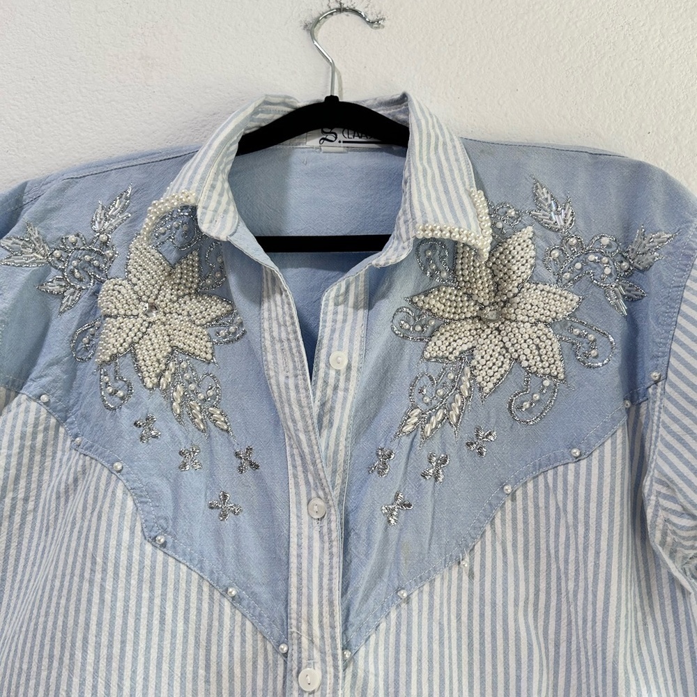 Men's Blue Striped Shirt with Floral Embroidery - Picture 12 of 16